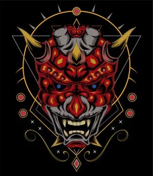 Kabuki illustration. red devil face illustration. vector head of red demon. Stock Illustration