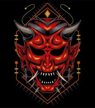 Kabuki illustration. red devil face illustration. vector head of red demon. j Illustrazione stock