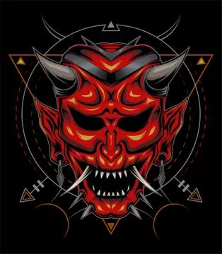 Kabuki illustration. red devil face illustration. vector head of red demon. Stock Illustration