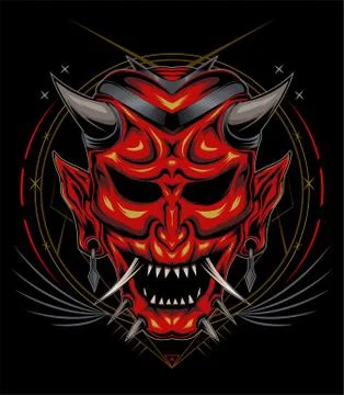 Kabuki illustration. red devil face illustration. vector head of red demon. j イラスト素材