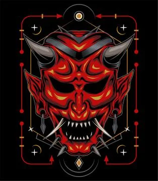 Kabuki illustration. red devil face illustration. vector head of red demon. Stock Illustration