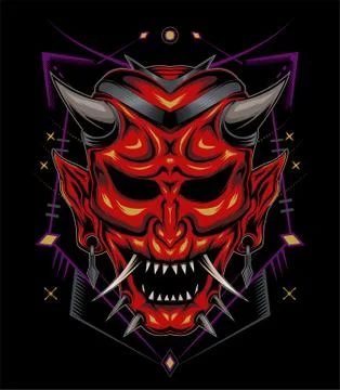 Kabuki illustration. red devil face illustration. vector head of red demon. 스톡 일러스트
