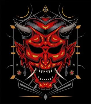 Kabuki illustration. red devil face illustration. vector head of red demon. Stock Illustration