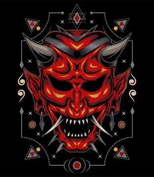 Kabuki illustration. red devil face illustration. vector head of red demon. Stock Illustration