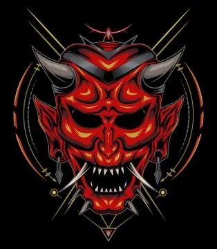 Kabuki illustration. red devil face illustration. vector head of red demon. Stock Illustration