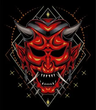 Kabuki illustration. red devil face illustration. vector head of red demon. j Illustrazione stock