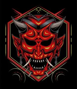 Kabuki illustration. red devil face illustration. vector head of red demon. 스톡 일러스트