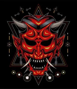 Kabuki illustration. red devil face illustration. vector head of red demon. Stockillustratie
