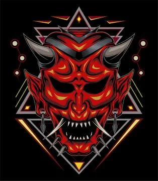 Kabuki illustration. red devil face illustration. vector head of red demon. Illustrazione stock