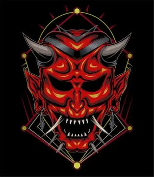 Kabuki illustration. red devil face illustration. vector head of red demon. Stock Illustration