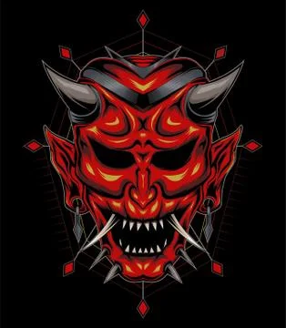Kabuki illustration. red devil face illustration. vector head of red demon. 스톡 일러스트