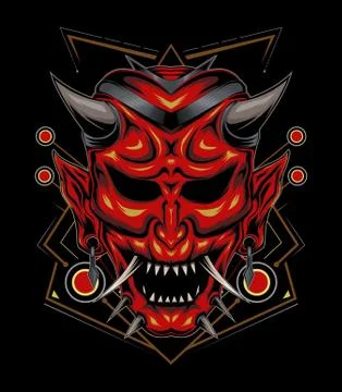 Kabuki illustration. red devil face illustration. vector head of red demon. Stock Illustration