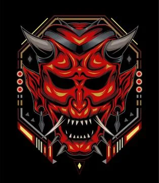 Kabuki illustration. red devil face illustration. vector head of red demon. Stock Illustration