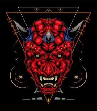 Kabuki illustration. red devil face illustration. vector head of red demon. Stockillustratie