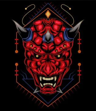 Kabuki illustration. red devil face illustration. vector head of red demon. Stock Illustration