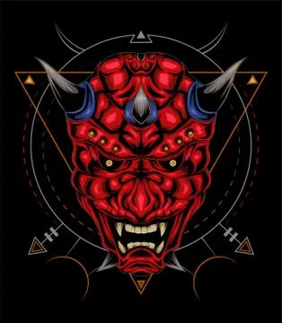 Kabuki illustration. red devil face illustration. vector head of red demon. Stock Illustration
