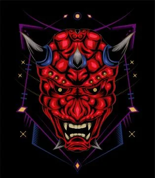 Kabuki illustration. red devil face illustration. vector head of red demon. 스톡 일러스트