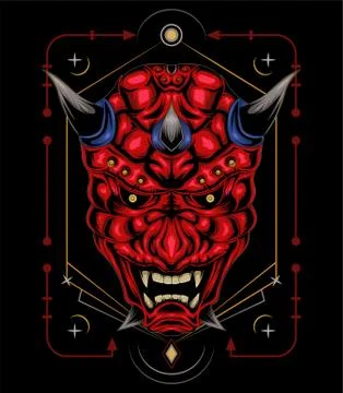 Kabuki illustration. red devil face illustration. vector head of red demon. Stock Illustration