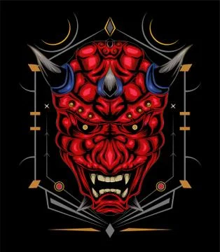 Kabuki illustration. red devil face illustration. vector head of red demon. Stockillustratie