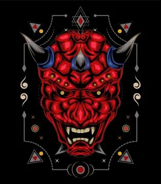 Kabuki illustration. red devil face illustration. vector head of red demon. Stock Illustration