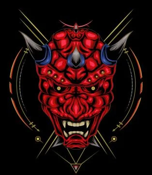Kabuki illustration. red devil face illustration. vector head of red demon. 스톡 일러스트