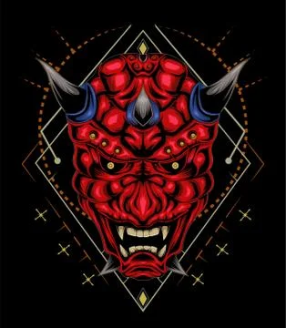 Kabuki illustration. red devil face illustration. vector head of red demon. Stock Illustration