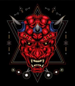 Kabuki illustration. red devil face illustration. vector head of red demon. Stock Illustration