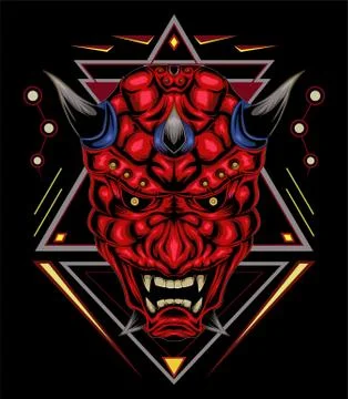 Kabuki illustration. red devil face illustration. vector head of red demon. Stock Illustration