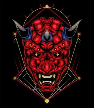 Kabuki illustration. red devil face illustration. vector head of red demon. Illustrazione stock