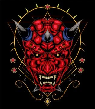 Kabuki illustration. red devil face illustration. vector head of red demon. Stock Illustration