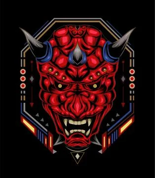 Kabuki illustration. red devil face illustration. vector head of red demon. Stock Illustration