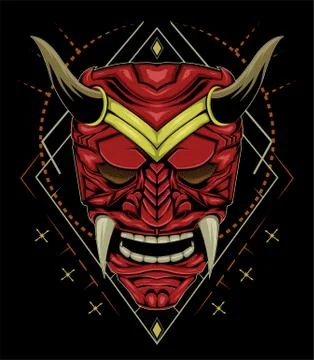 Kabuki illustration. vector red devil face illustration. vector head of red d Stock Illustration