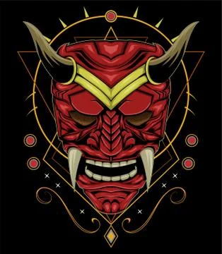 Kabuki illustration. vector red devil face illustration. vector head of red d Stock Illustration