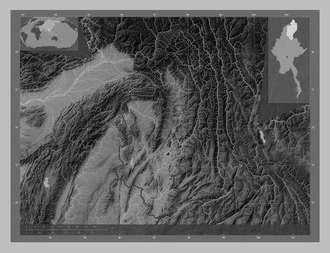Kachin, Myanmar. Grayscale elevation map with lakes and rivers Stock Illustration