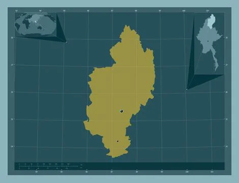 Kachin, Myanmar. Solid color shape. Locations of major cities of the region Stock Illustration
