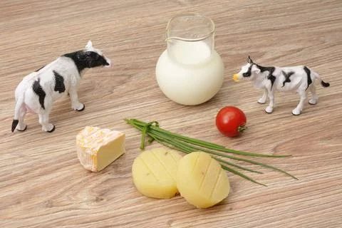  Kaese und Milch Cow, yogurt, cheese and milk on a wooden board. Kaese und... Stock Photos