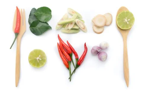 Kaffir lime leaf, lemon, chopped lemongrass, galangal, chili, onions 写真素材