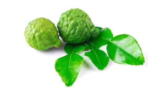Kaffir lime with leaf on white background. Stock Photos