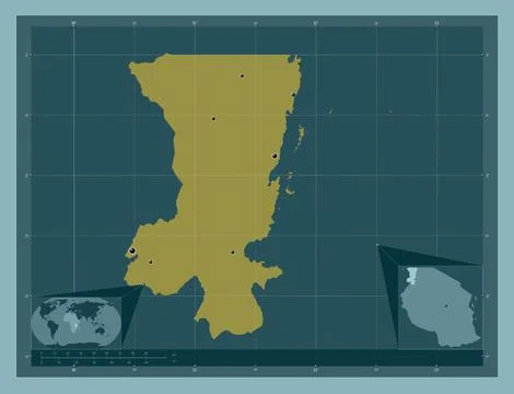 Kagera, Tanzania. Solid color shape. Locations of major cities of the region Stock Illustration
