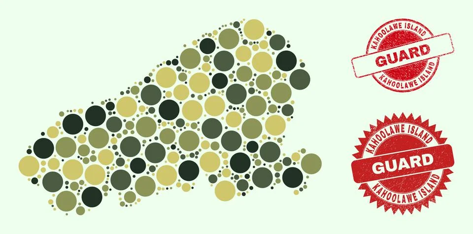 Kahoolawe Island Map Composition with Camo Military Circle Items with Scratched Stock Illustration