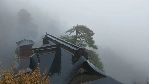 Kaizan Do and Nokyo Do Halls on a rainy and foggy day Stock Footage 149968482