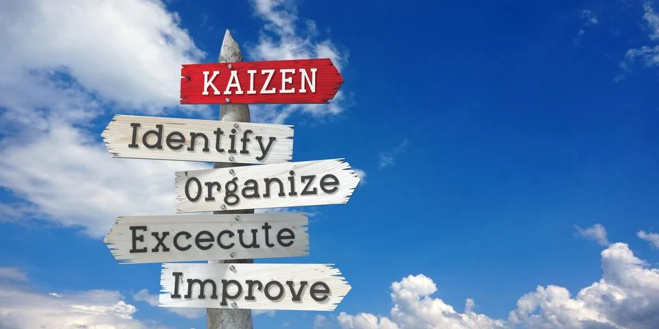 Kaizen concept - identify, organize, execute, improve - wooden signpost wit.. Stock Illustration
