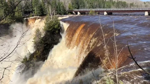 Kakabeka Waterfall With High Flow Rate of Fast Moving Water Due to Flooding Stock Footage 195275963