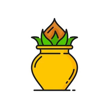 Kalash pot and mango leaf Jaggery, bannana lamp Illustrazione stock