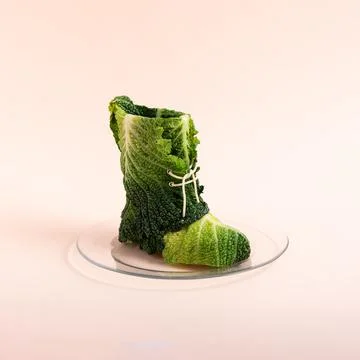 Kale boot with spaghetti as a drawstring on a transparent plate against a pin Stock Photos