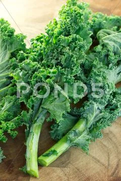 Kale on wooden cutting board Stock Photos