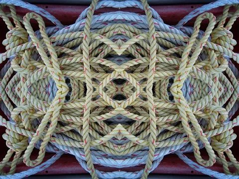 A kaleidoscope abstract pattern made of overlapping and knotted rope, cord, n Stock Photos