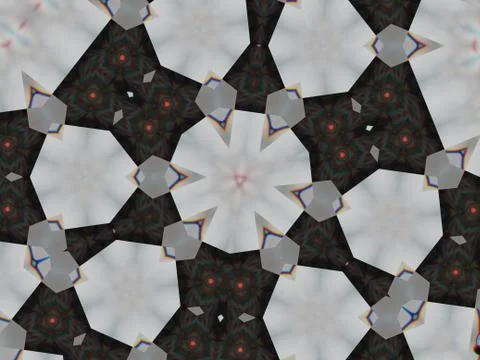A kaleidoscope pattern with gray polygon and rhombus shapes on the black back Stock Photos