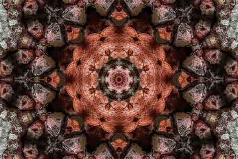 Kaleidoscope pattern radiating abstract geometric rustic textured design Stock Photos