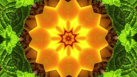 Kaleidoscope pattern of yellow and green floral fruit elements Video stock 317640388